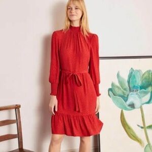 BODEN Carrie Smocked Dress Poinsettia Ruffle Red Long Sleeve